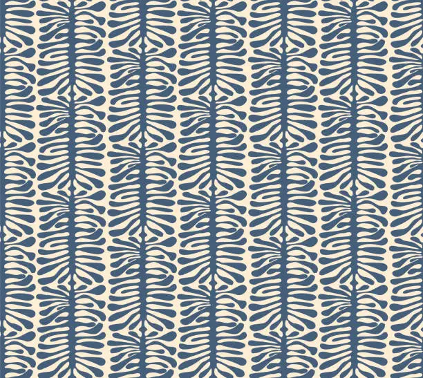 Vector illustration of Ticking climbing groovy coral algae foliage in stripes in soft pastel blue and cream colors,  botanical funky seamless repeat pattern design in beach house coastal chic style