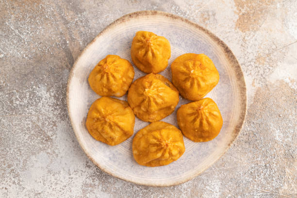 istock Manti dumplings on gray concrete. Top view 1816508947
