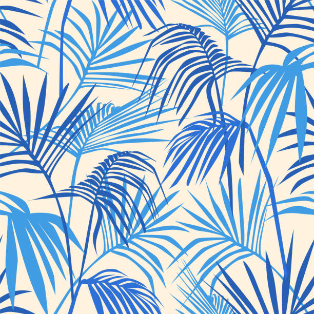 illustrations, cliparts, dessins animés et icônes de feuilles de palmier bleu sans couture répétition motif conception, texture de frondes de palmier tropical, impression de feuillage boho chic nature contemporaine moderne, graphique d’illustration vectorielle. - palm tree leaf tree frond