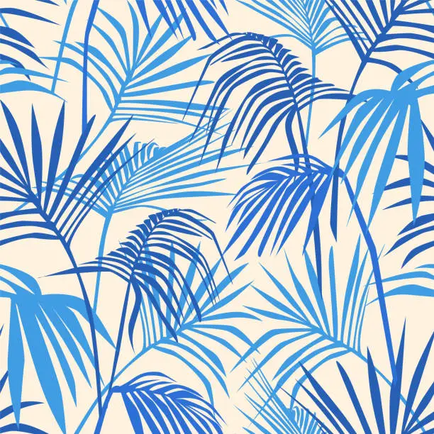 Vector illustration of blue palm tree leaves seamless repeat pattern design, tropical palm fronds texture,  modern contemporary nature boho chic foliage print, vector illustration graphic.