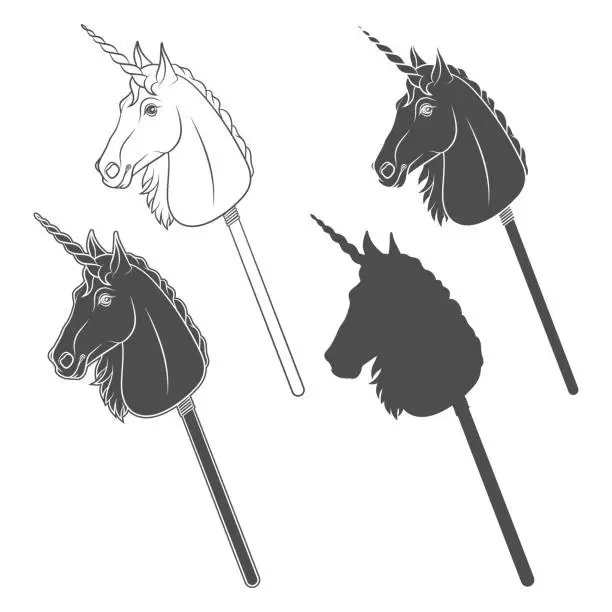 Vector illustration of Set of black and white illustrations with unicorn hobby horse toy on stick. Isolated vector objects.