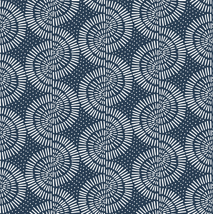 Stripes of dashed line squiggles , hand drawn geometric boho chic  dotted marks sunburst arcs circular shapes arranged in wavy stripes pattern design  in navy indigo blue and white color palette.