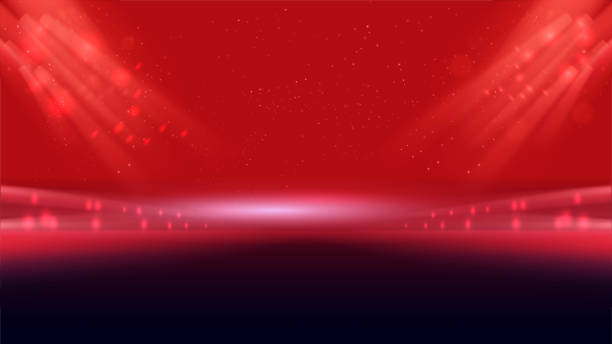 istock Abstract red lighting tech background stadium stage hall with scenic lights of round futuristic technology half black vector empty stage spotlight background. 1816524258