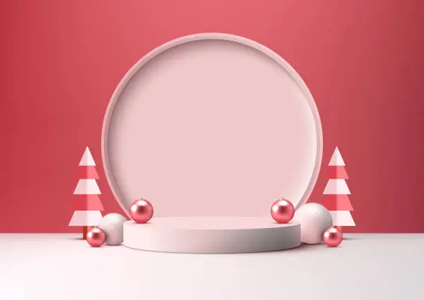 Vector illustration of Christmas 3D White Podium Decoration with Circle Backdrop and Pine Tree for Product Display