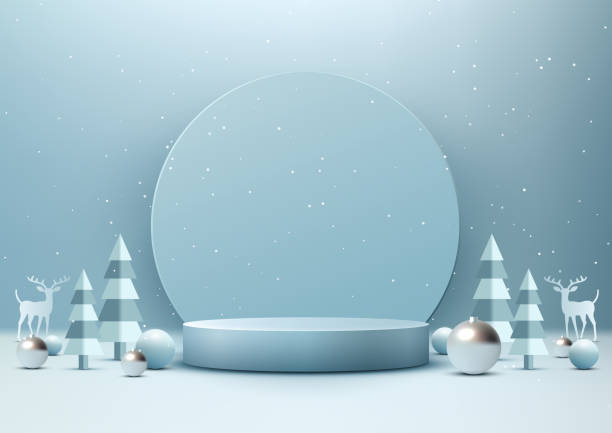 istock Christmas Podium Decoration with Soft Blue Circle Backdrop and Pine Tree for Product Display 1816524830