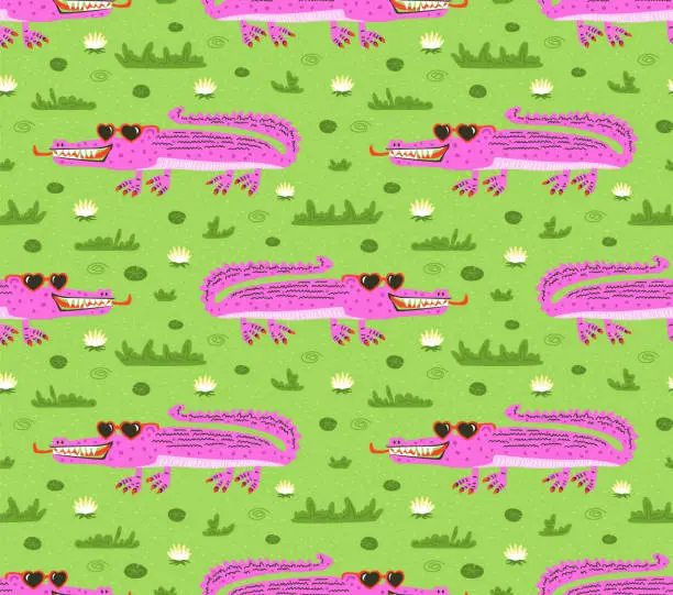 Vector illustration of Funky cute pink crocodiles in sunglasses with polished red nails, bright and bold, funny crazy cute glamorous whimsical safari alligators in swamp glades with water lilies and plants, dopamine and fun seamless pattern design, vector illustration graphic p