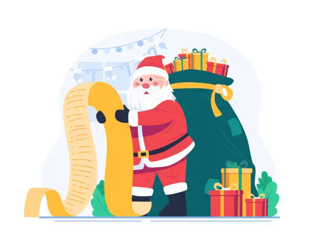 Vector illustration of Santa Claus Reading a Long Wish List Paper With a Sack Full of Gifts. Merry Christmas Concept Illustration