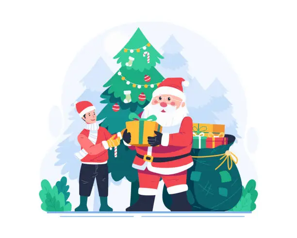 Vector illustration of Santa Claus With a Sack Full of Gifts Giving a Christmas Gift to a Little Boy. Merry Christmas Concept Illustration