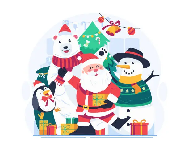 Vector illustration of Merry Christmas Illustration. Santa Claus and His Adorable Companions. A Cute Snowman, Polar Bear, and Penguin With a Christmas Tree and Gifts