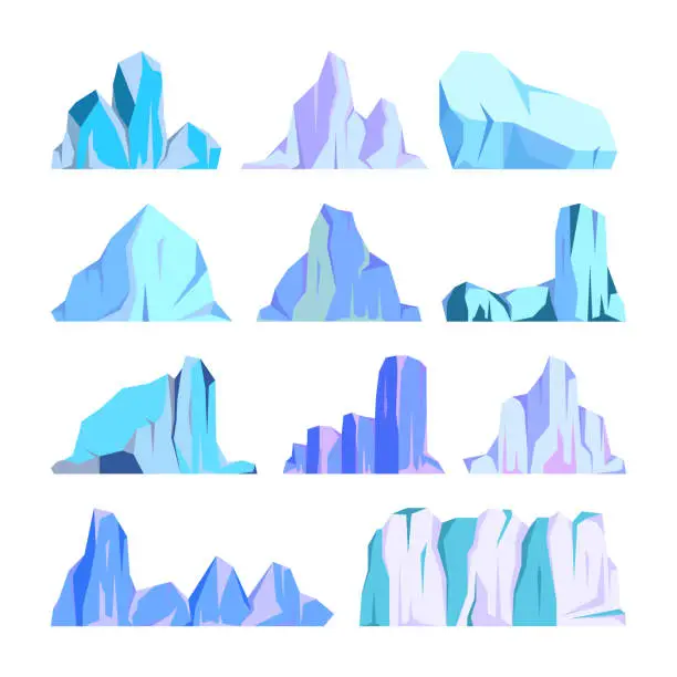 Vector illustration of Floating icebergs collection. Drifting arctic glacier, block of frozen ocean water. Icy mountains with snow. Melting ice peak. Antarctic snowy landscape. South and North Pole. Vector illustration.