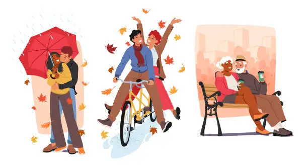 Vector illustration of In The Crisp Embrace Of Autumn, Couples Stroll with Umbrella, Hand In Hand, Riding Bicycle and Relax on a Park Bench