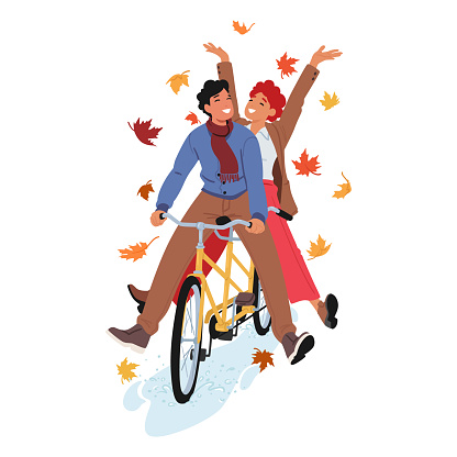 Couple Characters Rides A Bicycle In The Crisp Autumn Breeze, Adorned With Falling Leaves, Laughter Echoing. Warm Hues Surround Them, Painting A Picturesque Scene Of Seasonal Joy And Togetherness