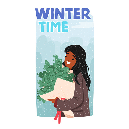 Winter Time Banner With Female Character Clasps A Bouquet Adorned With Frost-kissed Blooms, In The Chilly Air with Falling Snow, Happy Girl Walk at Snowy Wonderland. Cartoon People Vector Illustration