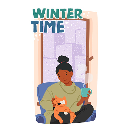 Winter Time Vector Banner With Young Woman Cozily Nestled In Home, Wrapped In Sweater, Sipping Coffee Beside A Purring Cat. The Warmth Of The Season Embraced In The Comfort Of Her Surroundings
