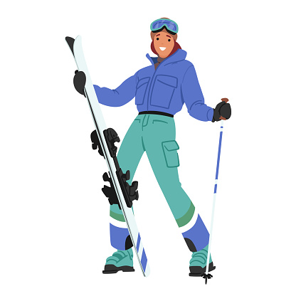 Girl Skier Strikes A Pose, Capturing The Essence Of Winter Beauty. Young Female Character Wearing Skier Gear and Clothes Create A Picturesque Moment On The Mountain. Cartoon People Vector Illustration