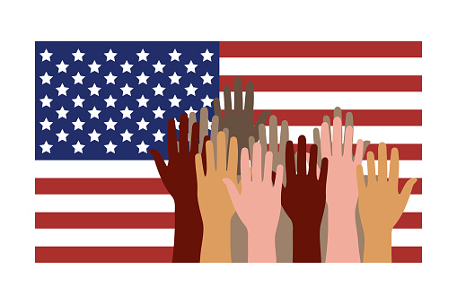 American election campaign, US presidential Election. USA flag with hands in different colors reaching up, Hands on usa flag.