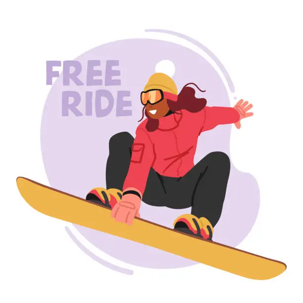 Vector illustration of Female Athlete Character Zoom Down Snowy Slopes, Carving Through Fresh Powder On Free Ride Snowboard