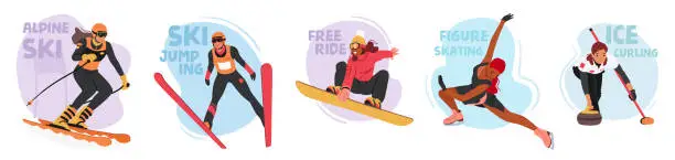 Vector illustration of Characters In Winter Sports Activities. Alpine Skiing, Ski Jump, Snowboarding Free Ride, Figure Skating, Ice Curling