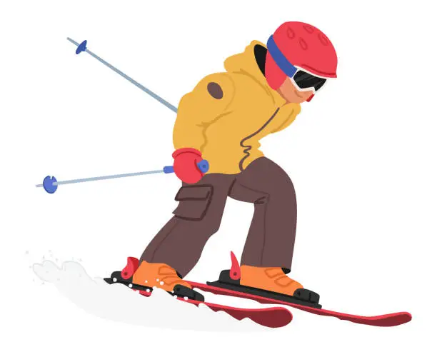 Vector illustration of Little Boy Skier. Child Character Glides Down Snowy Slopes, Navigate The Winter Wonderland, Vector Illustration