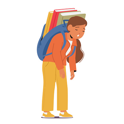 Exhausted Schoolchild, Eyes Drooping, Lugs A Burdensome Backpack, Slouched With Fatigue. Heavy Load Echoes The Weariness Of A Long Day, Etched In Silhouette Of Weary Determination. Vector Illustration