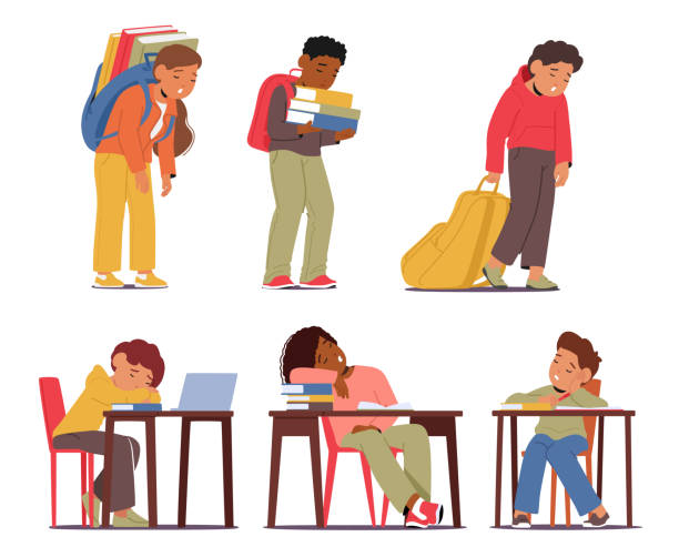 Exhausted School Children With Heavy Eyelids, Surrounded By Books And Papers, Yawn And Struggle To Stay Awake Exhausted School Children With Heavy Eyelids, Surrounded By Books And Papers, Yawn And Struggle To Stay Awake While Studying Diligently For Their Upcoming Exams. Cartoon People Vector Illustration tired-student-studying-for-exam-at-library stock illustrations
