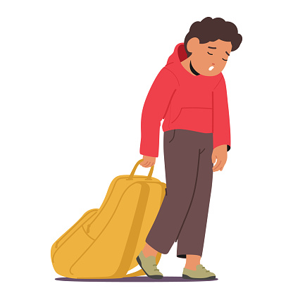 Exhausted Schoolchild Drags A Burdensome Backpack, Drooping Eyelids Conveying Weariness, Symbolizing The Weight Of Academic Stress On A Young Student Shoulders. Cartoon People Vector Illustration