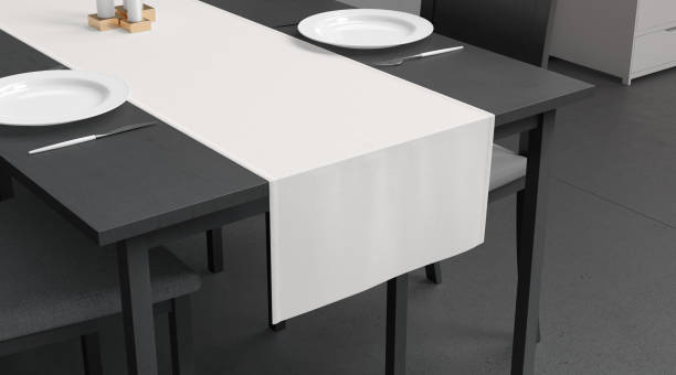 Blank white table runner and dishes mockup crop, interior background