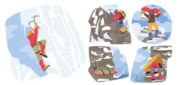 Vector illustration of Determined Mountain Climbers Ascend Rocky Peaks, Conquering Challenges With Unwavering Spirit