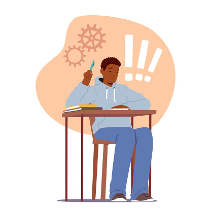 Focused Student Character Sits At A Wooden Desk, Surrounded By Textbooks And Papers, During An Exam. The Atmosphere Is Tense As They Concentrate On Answering Questions Diligently. Vector Illustration