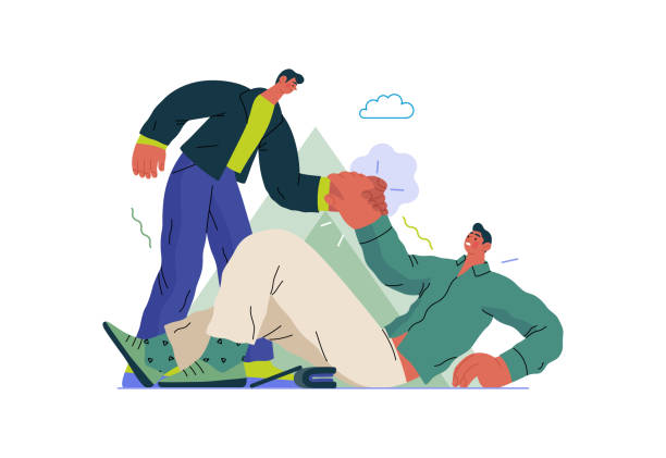 Mutual Support, flat vector concept illustration Mutual Support: Helping a fallen person get up -modern flat vector concept illustration of man assisting another man to stand up A metaphor of voluntary, collaborative exchanges of resource, services altruism stock illustrations