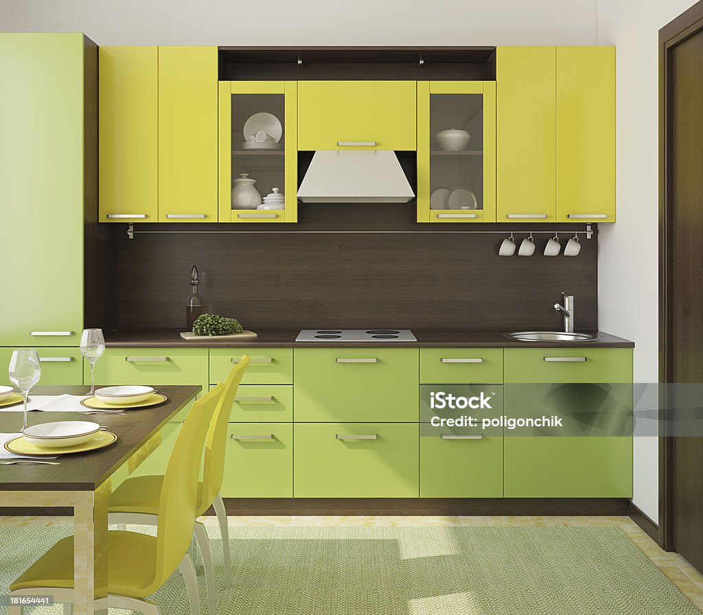 Modern kitchen interior. Modern green and yellow  kitchen. 3d render. Green Color Stock Photo