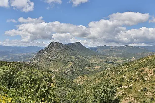 This photo shows the picturesque landscape near the Château de Quéribus in southern France in the Aude department.