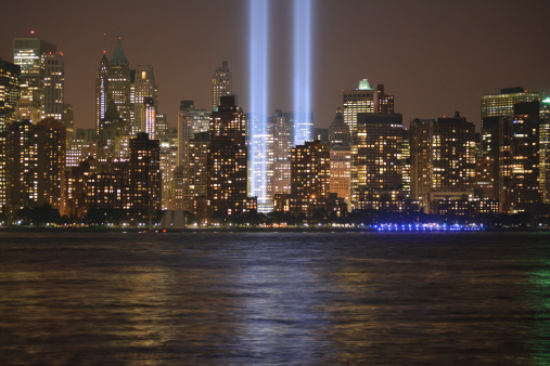 Tribute in Light in Lower Manhattan along the Hudson River.