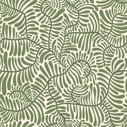 groovy curvy modern flowing botanical leafy branches design; abstract wavy foliage branches seamless pattern; vector illustration design in muted sage khaki olive green and cream tan pastel organic natural color palette