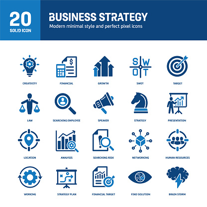 Business strategy solid icons. Containing analysis, creativity, teamwork, networking solid icons collection. Vector illustration. For website design, logo, app, template, ui, etc.