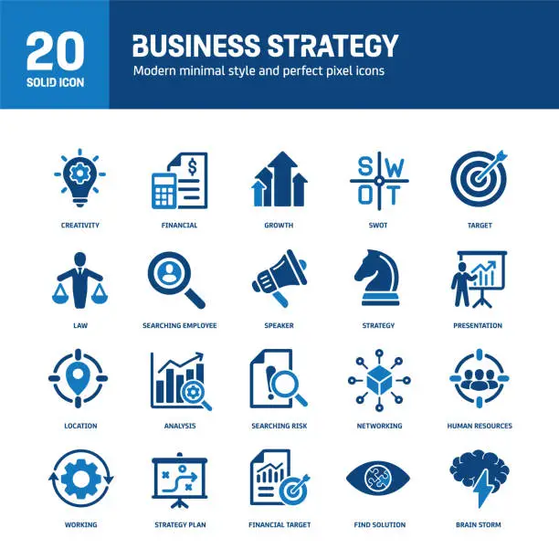 Vector illustration of Business strategy solid icons. Containing analysis, creativity, teamwork, networking solid icons collection. Vector illustration. For website design, logo, app, template, ui, etc.