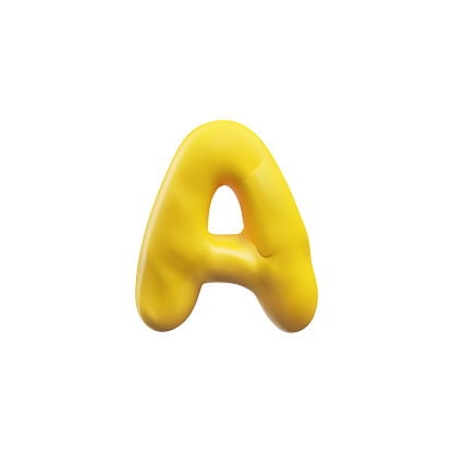 Yellow plasticine letter A of English alphabet 3D style, vector illustration isolated on white background. Decorative design element, education, flexible volume letter