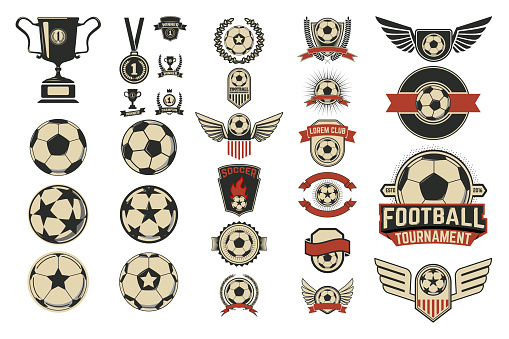 Set of  football labels and design emblems isolated on white background. Soccer tournament.  Vector design elements for  label, emblem.