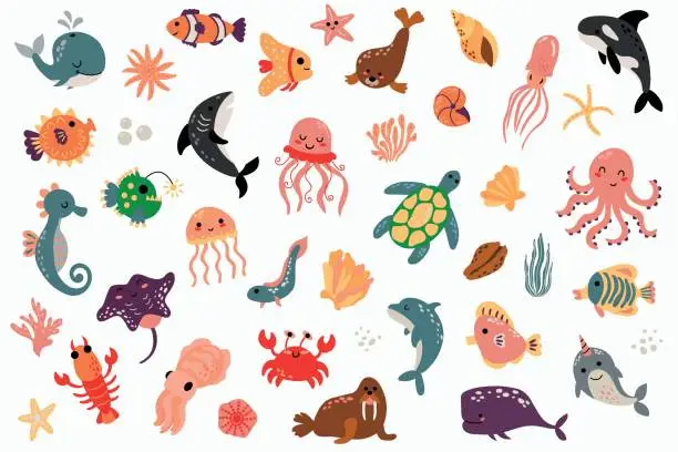 Vector illustration of Set of marine animals.
