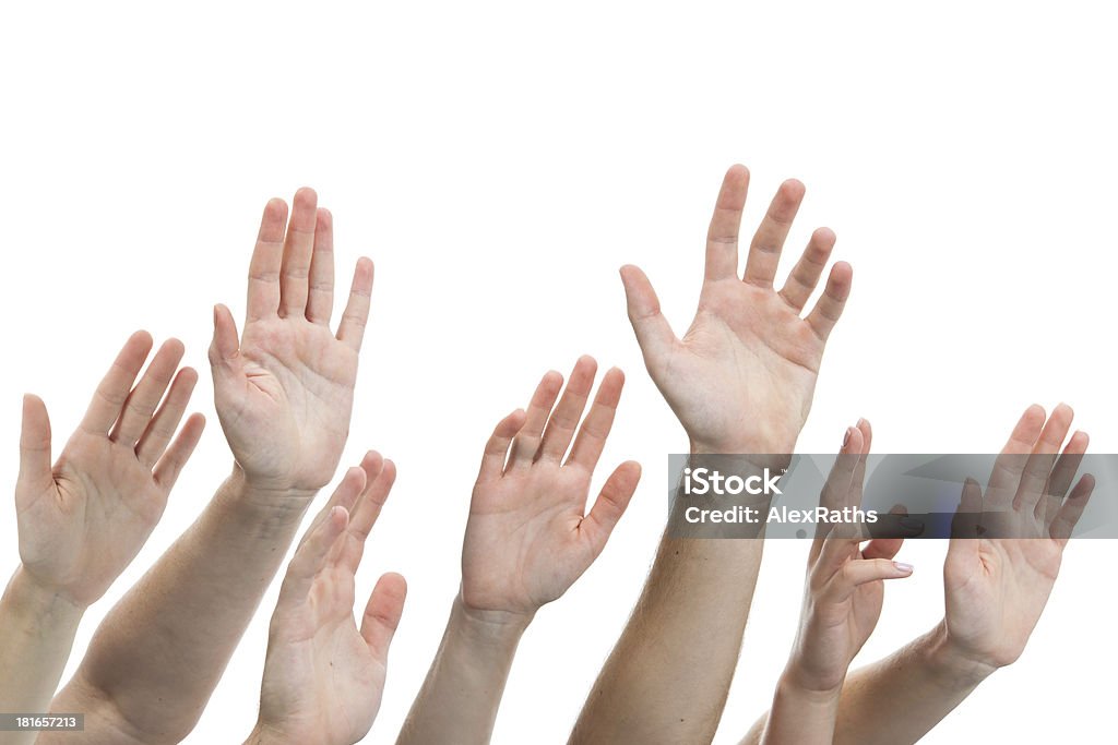 Mãos humanas levantadas up - Foto de stock de Acenar royalty-free