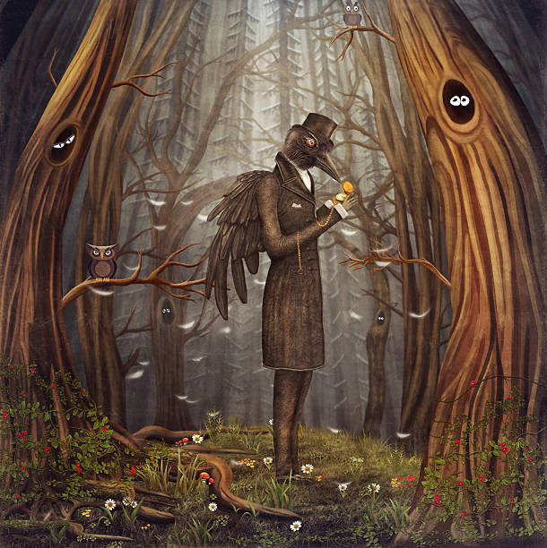 A drawing of a man wearing a suit with the head of a raven Illustration show Raven in the forest slenderman fictional character stock illustrations