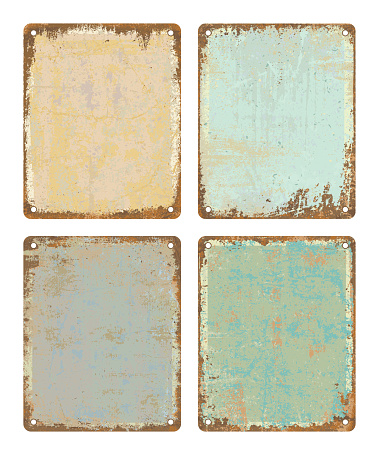 Set of four blank vintage rusty metal tin signs. Vector illustration with copy space.