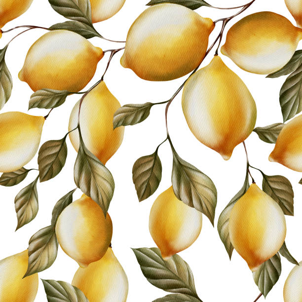 istock Watercolor seamless pattern with lemons and green olive leaves. 1816580170
