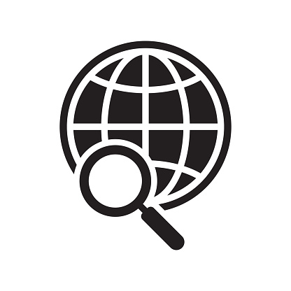 Global search icon. Magnifier and globe icon, search for a place on a map or on the globe sign. The icon of the magnifying glass and planet Earth.