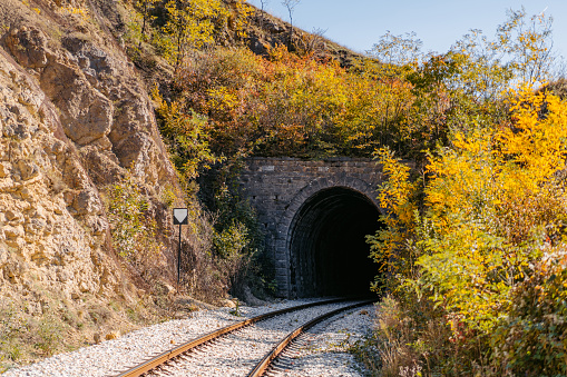 Railway tracks on the rocky mountains in Serbia.