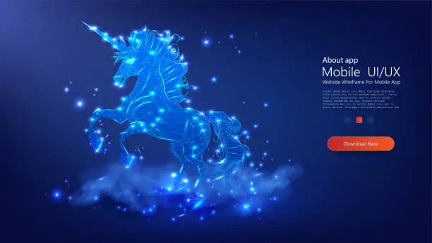 Vector illustration of Digital Unicorn in Blue Neon Lights