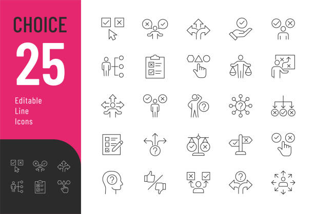 Vector illustration in thin line modern style of decision related icons: making choice, strategy, variety, and more. Isolated on white.