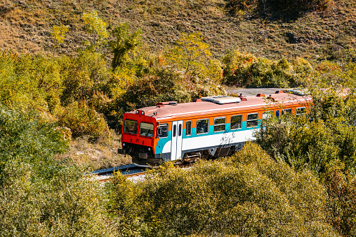 Lima, Peru - January 21, 2015: Vintage red Peruvian steam train in Lima park Parque de la Amistad
