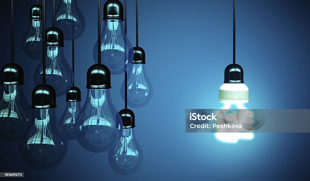 lightbulbs on blue lightbulbs on blue background, idea concept Black Color Stock Photo