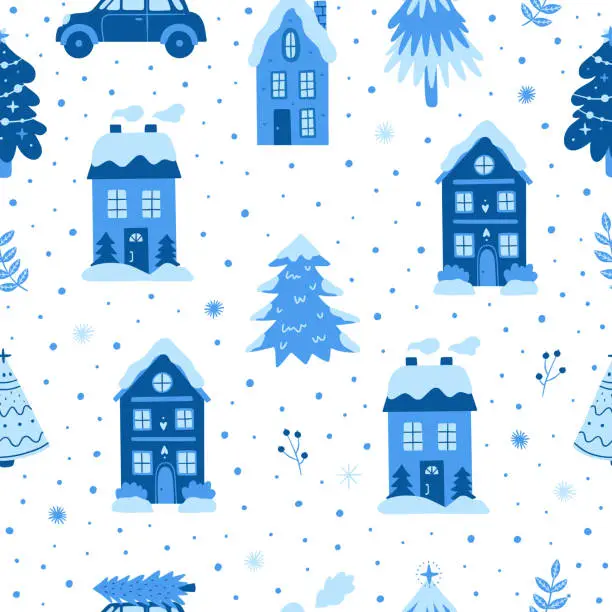 Vector illustration of Christmas seamless pattern with cute houses and car with Christmas tree. Winter holiday vector background